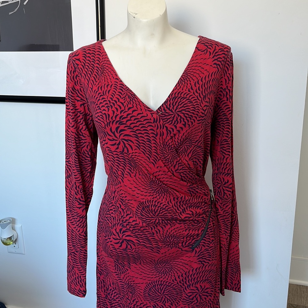 Red and Blue Midi Dress with Ornamental Zipper